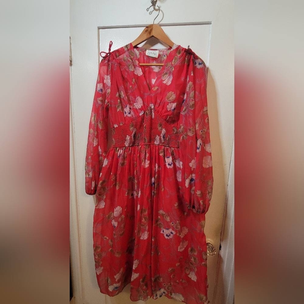 Jonathan Logan – Vintage Red Floral Smocked Waist Dress | 1970s Boho